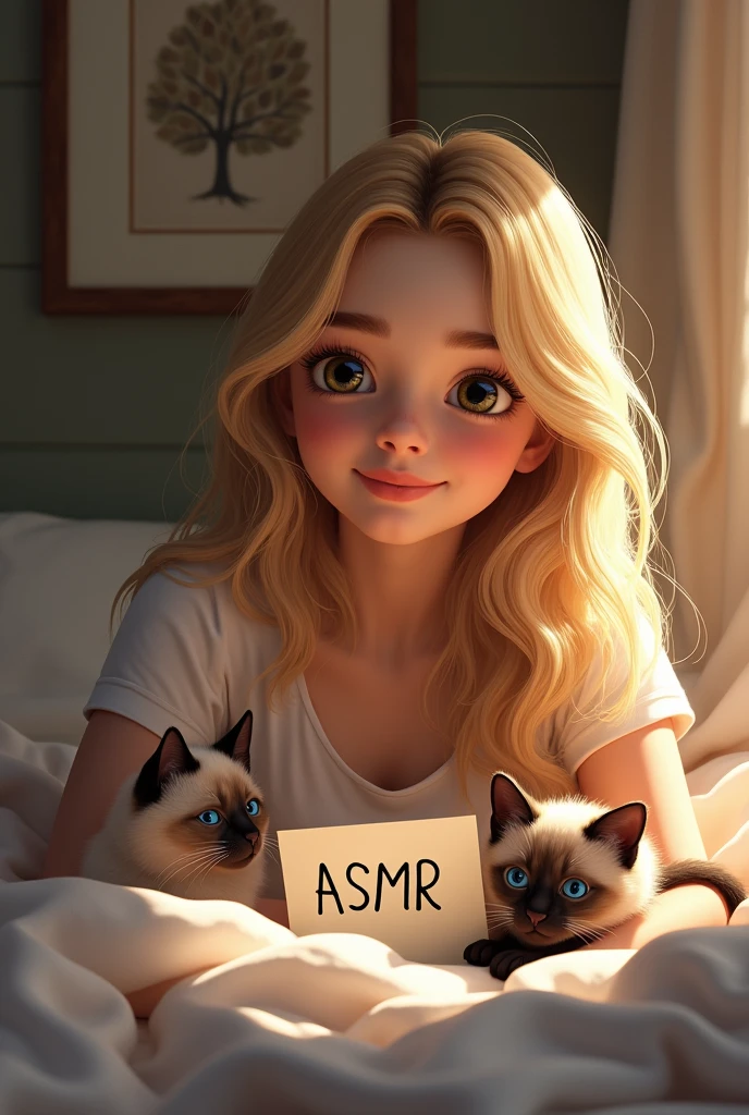 make a white woman, blonde, of black eyes, she is happy in her room with a written paper "ASMR" and with a Siamese kitten
