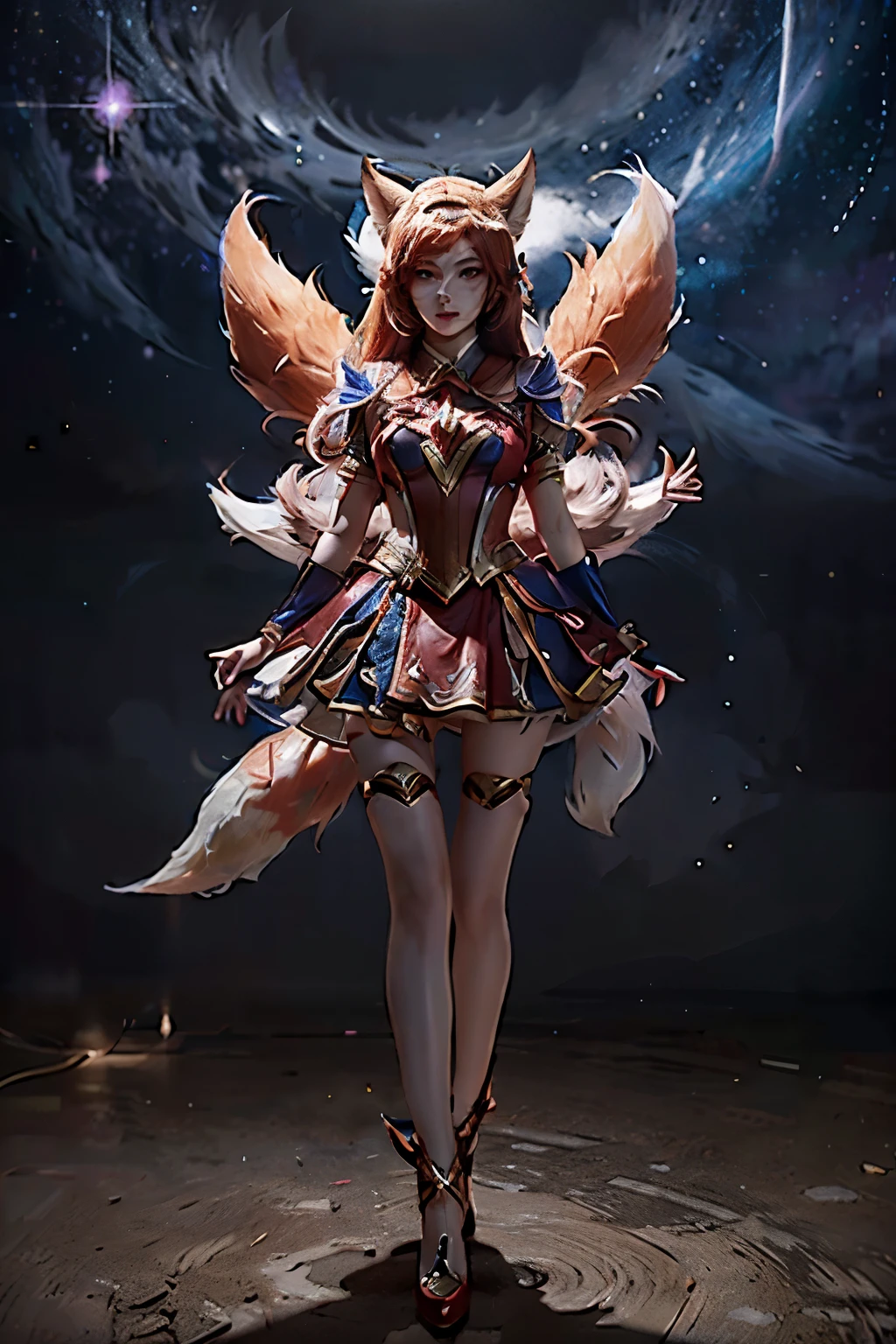 Ahri league of legends, nine red tipped fox tails, standing, face detailed, star guardian costume, fully body, super detaill, high resolution, 8k, Overview, iluminação Ray Tracing