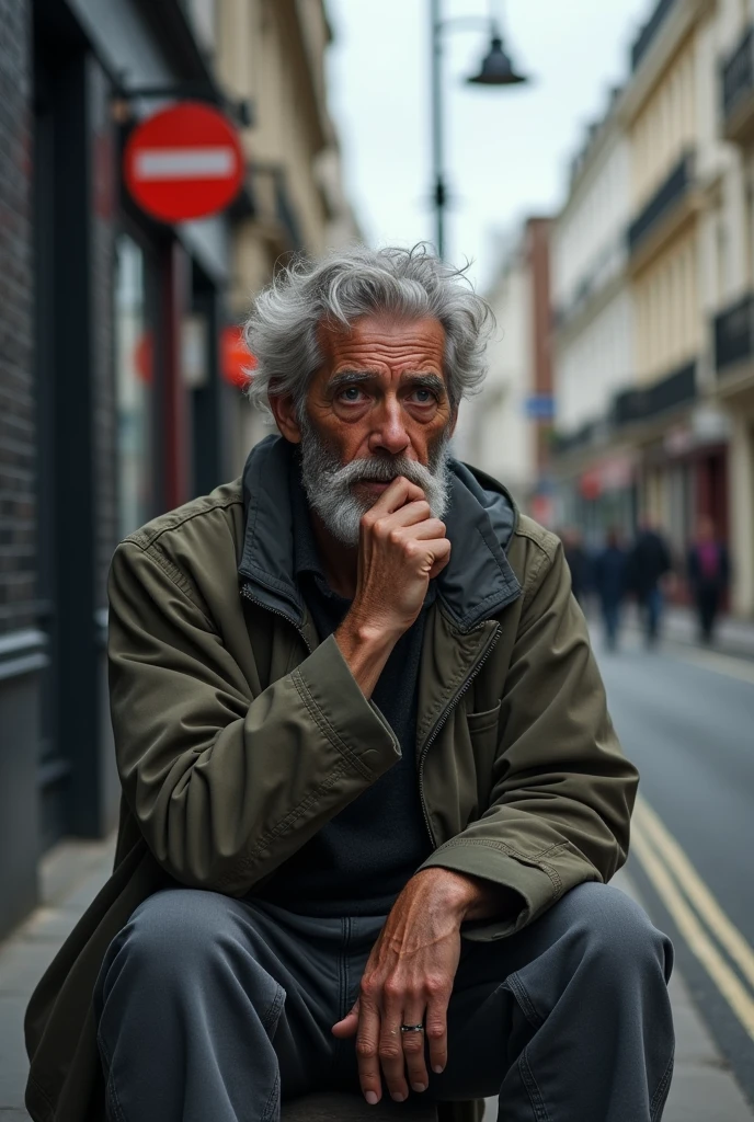 8k, high-quality, photograph, thoughtful homeless man sitting on a London street, pondering life-changing encounters, urban background