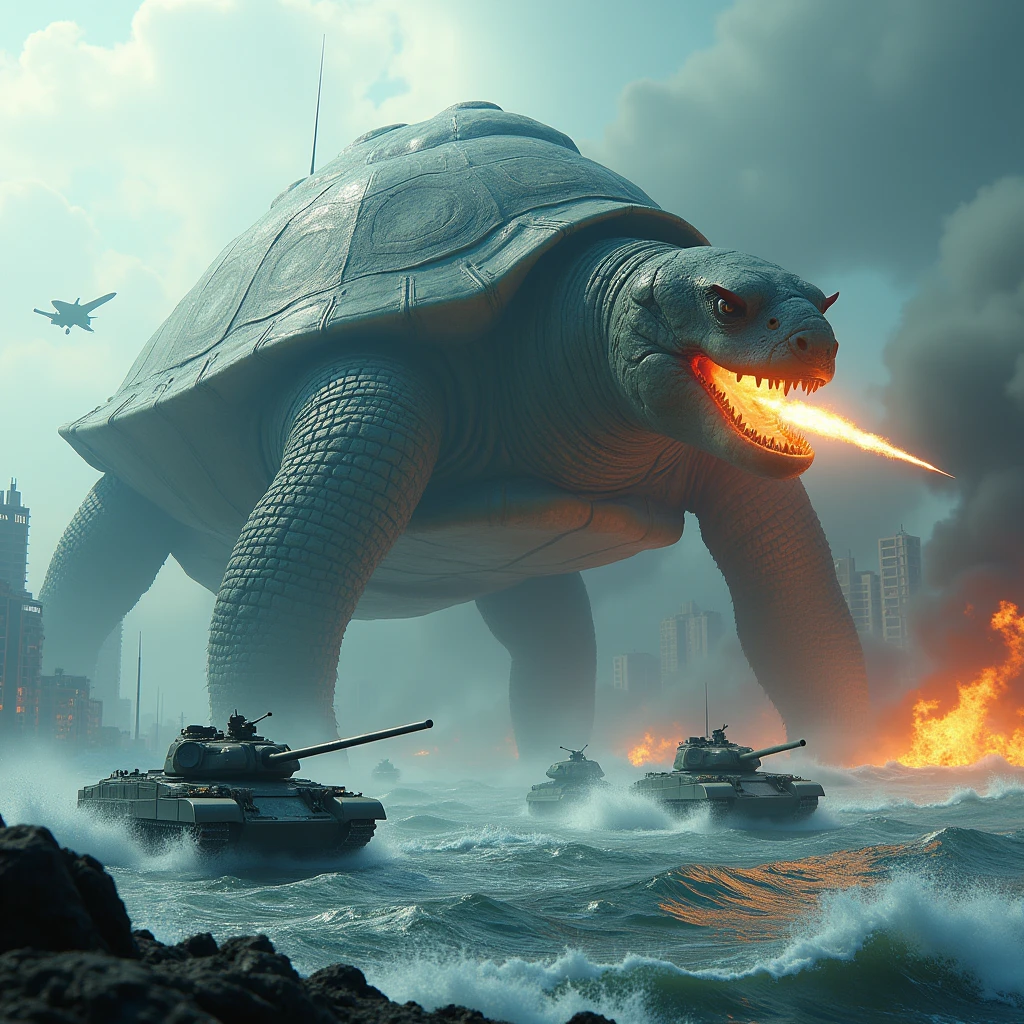 Heavy giant dragon-like turtle, In rough seas, Underwater appearance scene, 3D Rendering, Ultra-fine detail, high quality, High resolution, 最high quality, Flame emitting from dragon's face,Building district,fire,Combat with the military,tank,Fighter,A missile hits the dragon,