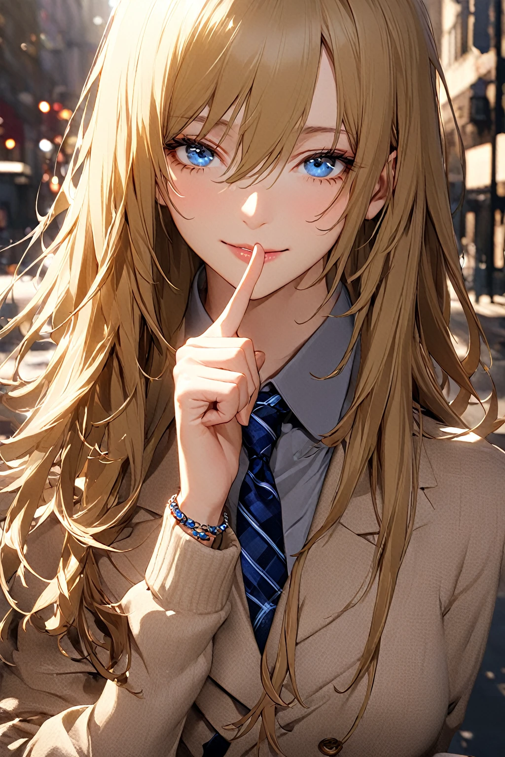 Long Hair, (blue eyes:1.3), Golden Hair, Hair between the eyes, smile,Mannish Fashion,
Long coat, Skinny pants, jewelry,Transparent black and brown vertical stripes , Striped, bracelet, Plaid, Plaid skirt, Striped necktie, Collared shirt, (Light brown sweater:1.2),
break downtown,sunlight,
break looking at viewer, (Cowboy Shot),
break (masterpiece:1.2), Highest quality, High resolution, unity 8k wallpaper, (figure:0.8), (Beautiful attention to detail:1.6), Highly detailed face, Perfect lighting, Highly detailed CG, (Perfect hands, Perfect Anatomy),Place index finger on lips