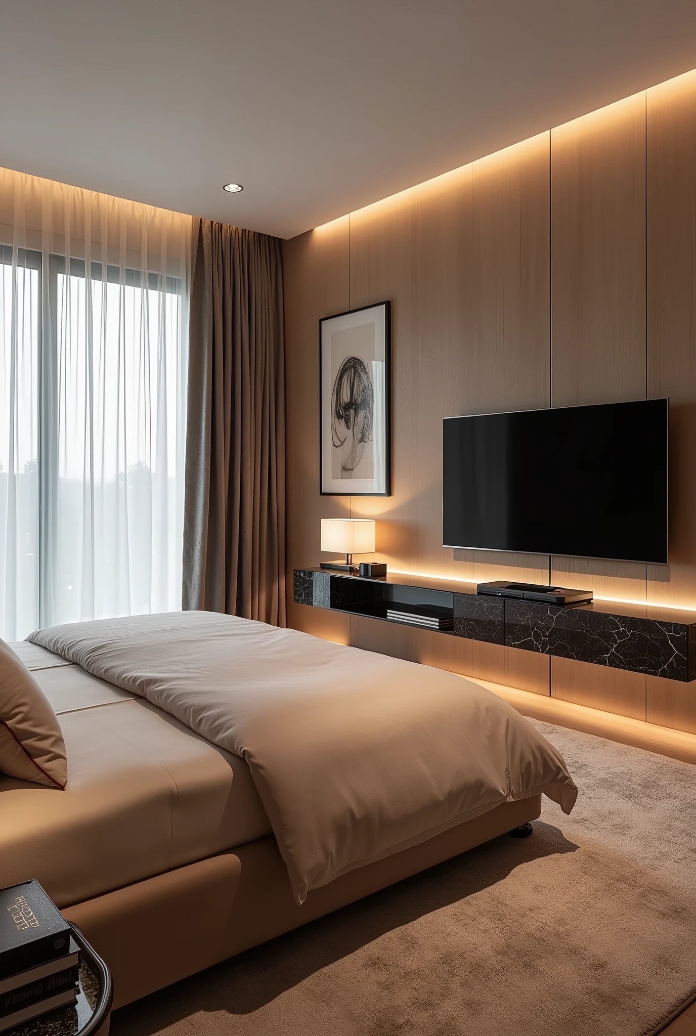 A modern and luxurious room with a warm and elegant design. The room has a large bed with bedding and pillows in neutral and beige tones.. The headboard is padded, and the wall behind it has wood paneling with subtle lighting, creating a cozy atmosphere. There is a stylish bedside table with a lamp and books. On the opposite wall, a flat screen TV is mounted above a floating console with a dark marble top. The room is decorated with minimalist art on the walls, modern furniture and floor-to-ceiling curtains that let in natural light. The color palette includes soft shades of brown, gray and earthy