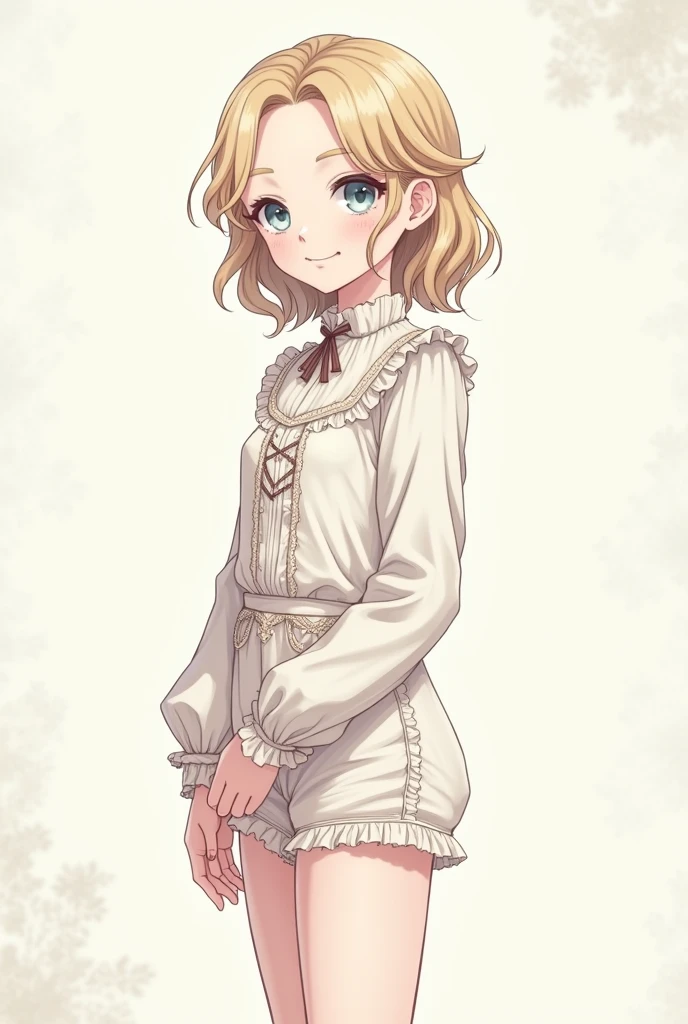 (masterpiece, Best Quality, High resolution: 1.4), detailed, intricate details, 4k, touch of color, Line art, French Victorian style Detail. jovencito androgino wavy hair rubio, delgado, wavy hair, grayish blue eyes, smooth skin, White skin, delgado, smiling, gentle. delicate. Clothing detail Dress with long-neck blouse and shorts

