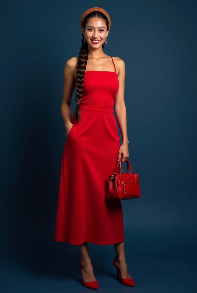 Create a full body beautiful Thai women smiling, wearing a red beautiful midi dress red high heels, black long braids hairstyles with brown headband, she has a red shoulder bag This shoulder bag seems to have been given to him in front of him and it rests on his hand, dark blue background, looking at the camera. Photography 