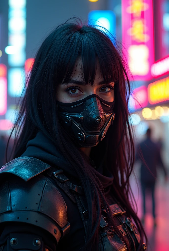 A female 1 arabian girl, caramel skin, wearing high tech soldier body armor, Long messy black hair with bangs and a high tech mask covering her eyes and mouth, in a beautiful high-tech city with glowing neon lights and signs everywhere, sci-fi, cinematic shot, dynamic lighting, 75mm, Technicolor, Panavision, cinemascope, sharp focus, fine details, 8k, HDR, realism, realistic, key visual, film still, cinematic color grading, depth of field