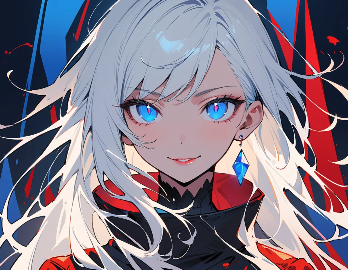 The Minimalists,Fashion Girl,white hair,Blue Background,Wear special earrings,Bohemian style,Clear lashes,full of bright blue eyes,Clean and transparent eyes,close up,Portrait facing camera,Smile flat illustration,geometry,Clean,Japanese Manga, Long white hair, blue eyes, evil, sexy, black and red clothes, evil face, evil, serious look, gloss lips, sinister, front look, bloody, gloves, close up, portrait, beautiful eyes, dark place, night, sensual, straight hair cut, clear skin, evil, young 30 years girl, adult girl, solo, red, very long hair, ankle length hair, handsome older WOMAN,blue-eyes,blue pupils,Long white hair,Hyperresolution,accuracy,Detailed rendering,(Image of fine hair)(topquality)(Masterpieces of masters)(High degree of completeness)(A sense of atmosphere)tmasterpiece,Super detailed and super detailed(((full-body)))(((White and black fur fighter outfit))