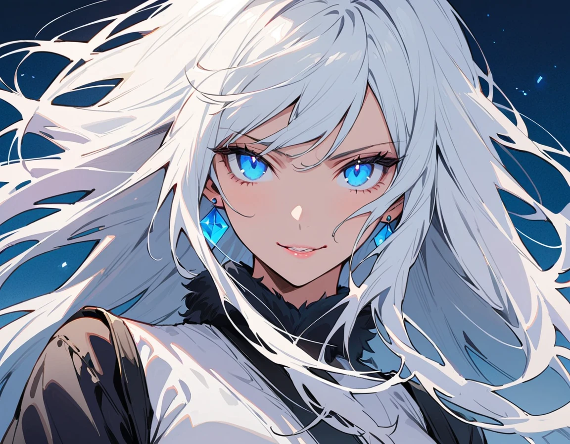 The Minimalists,Fashion Girl,white hair,Blue Background,Wear special earrings,Bohemian style,Clear lashes,full of bright blue eyes,Clean and transparent eyes,close up,Portrait facing camera,Smile flat illustration,geometry,Clean,Japanese Manga, Long white hair, blue eyes, evil, sexy, black and red clothes, evil face, evil, serious look, gloss lips, sinister, front look, bloody, gloves, close up, portrait, beautiful eyes, dark place, night, sensual, straight hair cut, clear skin, evil, young 30 years girl, adult girl, solo, red, very long hair, ankle length hair, handsome older WOMAN,blue-eyes,blue pupils,Long white hair,Hyperresolution,accuracy,Detailed rendering,(Image of fine hair)(topquality)(Masterpieces of masters)(High degree of completeness)(A sense of atmosphere)tmasterpiece,Super detailed and super detailed(((full-body)))(((White and black fur fighter outfit))