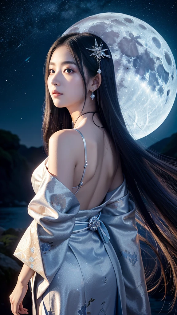 **Prompt:** Create an ultra-realistic 8K resolution image of Tsukuyomi, the Japanese moon god from Shinto mythology, reimagined as a majestic and serene female figure while retaining the deity's iconic features. Tsukuyomi now has long, flowing silver hair that cascades down her back, shimmering like moonlight. Her eyes are a deep, glowing silver, reflecting the calm and ethereal nature of the night. Her expression is gentle and serene, yet with a touch of mystery as she gazes towards the heavens.
She is dressed in a beautifully detailed traditional Japanese kimono, adorned with patterns of the moon and stars, in shades of deep blue, silver, and white. The kimono flows elegantly around her, giving the impression of floating in a celestial realm. Tsukuyomi holds a delicate, ornate staff, topped with a crescent moon, symbolizing her dominion over the night.
The background features a stunning full moon illuminating a serene, night-time landscape with gentle waves reflecting the moonlight. The scene captures the divine and timeless essence of Tsukuyomi as a revered moon goddess, blending her celestial power with the graceful beauty of a female form.