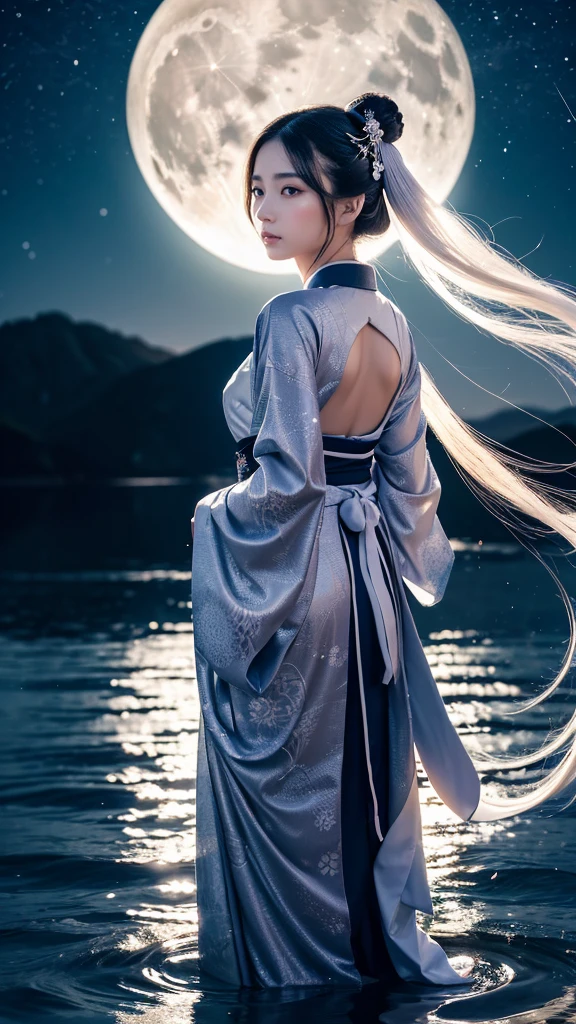 **Prompt:** Create an ultra-realistic 8K resolution image of Tsukuyomi, the Japanese moon god from Shinto mythology, reimagined as a majestic and serene female figure while retaining the deity's iconic features. Tsukuyomi now has long, flowing silver hair that cascades down her back, shimmering like moonlight. Her eyes are a deep, glowing silver, reflecting the calm and ethereal nature of the night. Her expression is gentle and serene, yet with a touch of mystery as she gazes towards the heavens.
She is dressed in a beautifully detailed traditional Japanese kimono, adorned with patterns of the moon and stars, in shades of deep blue, silver, and white. The kimono flows elegantly around her, giving the impression of floating in a celestial realm. Tsukuyomi holds a delicate, ornate staff, topped with a crescent moon, symbolizing her dominion over the night.
The background features a stunning full moon illuminating a serene, night-time landscape with gentle waves reflecting the moonlight. The scene captures the divine and timeless essence of Tsukuyomi as a revered moon goddess, blending her celestial power with the graceful beauty of a female form.