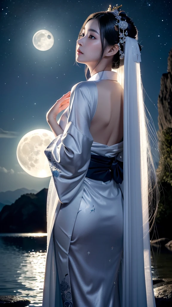 **Prompt:** Create an ultra-realistic 8K resolution image of Tsukuyomi, the Japanese moon god from Shinto mythology, reimagined as a majestic and serene female figure while retaining the deity's iconic features. Tsukuyomi now has long, flowing silver hair that cascades down her back, shimmering like moonlight. Her eyes are a deep, glowing silver, reflecting the calm and ethereal nature of the night. Her expression is gentle and serene, yet with a touch of mystery as she gazes towards the heavens.

She is dressed in a beautifully detailed traditional Japanese kimono, adorned with patterns of the moon and stars, in shades of deep blue, silver, and white. The kimono flows elegantly around her, giving the impression of floating in a celestial realm. Tsukuyomi holds a delicate, ornate staff, topped with a crescent moon, symbolizing her dominion over the night.

The background features a stunning full moon illuminating a serene, night-time landscape with gentle waves reflecting the moonlight. The scene captures the divine and timeless essence of Tsukuyomi as a revered moon goddess, blending her celestial power with the graceful beauty of a female form.