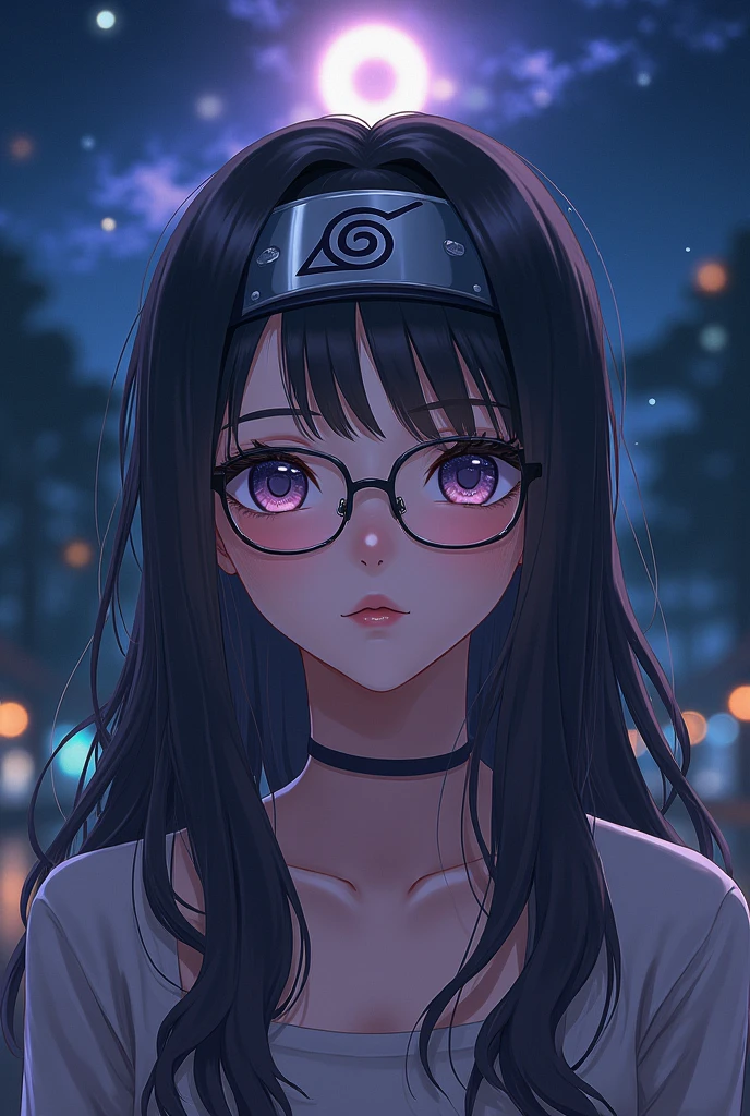 anime girl with glasses and long hair, anime visual of a cute girl, anime style. 8k, pin on anime, anime vibes, anime style 4 k, anime moe artstyle, anime aesthetic, anime girl desktop background, anime visuals, anime girl with real hair, ethereal anime, anime girl with long hair, beautiful anime portrait , anime , naruto, naruto anime, sharingan background, night time, dark , sharingan , wearing naruto headband  