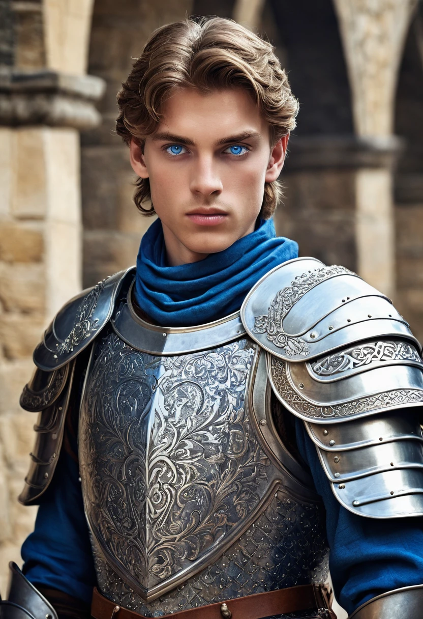 Create the image of a 2 medieval prince in blue-eyed, young mono armor