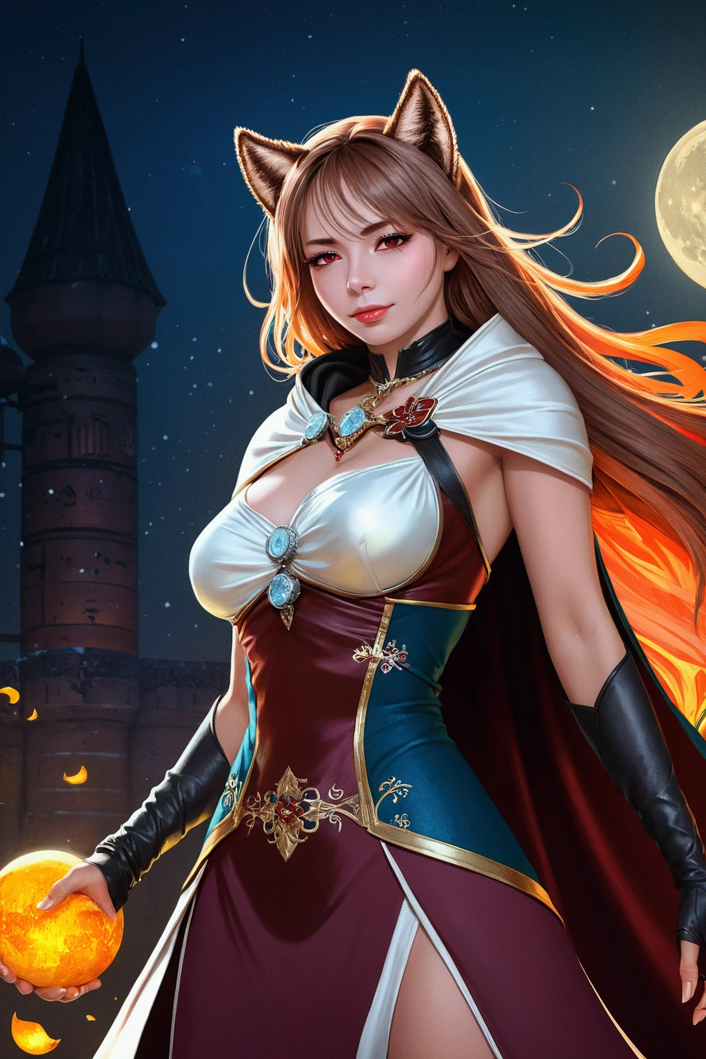 portrait of a woman, illustration, nsfw, fantasy, {(by Charlie Bowater)|(by Jesper Ejsing:1.2)|by Sam Bosma}, (masterpiece, best quality:1.3), (highly detailed:1.5), UHD, 8K, beautiful, jawline, cheekbones, (red lips, red eyes), white hair, long hair, collarbone, medium breasts, leather cloak, black cloak, hooded, looking at viewer, snowy fields, moon, (amazing background), moonlight, backlighting, diffused light, soft focus, (depth of field), trending on artstation