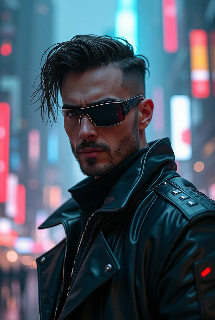 a cyberpunk man wearing glasses only on his right eye