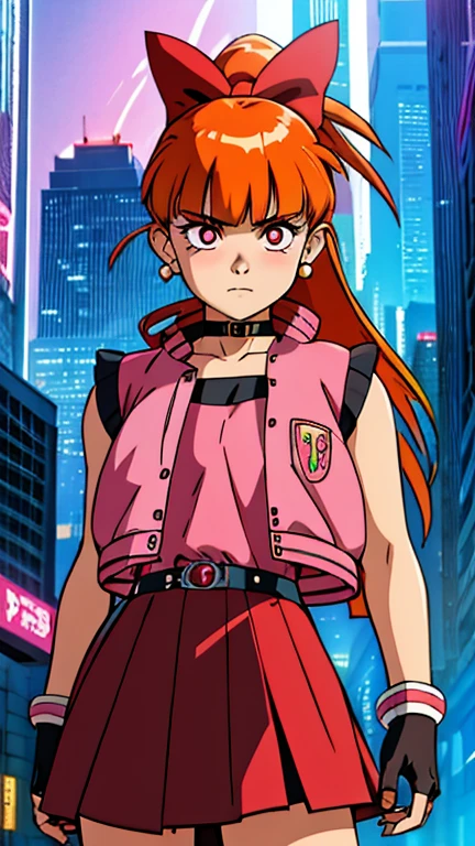 (Teens:1girl: ppgzbs), (extremely detailed CG unit 8k wallpaper),(master part), (best quality), (ultra detail), (best illustration),(city-scene-aso), cowboy shot, (Sharp eyeliner, ombre, detailed eyes:1), night, cyberpunk city, outdoor, ,break , (Akira 1995), upper body, red eyes, long orange hair, ponytail, hair bow, blunt bangs, earrings, black choker, pink vest, red skirt, belt