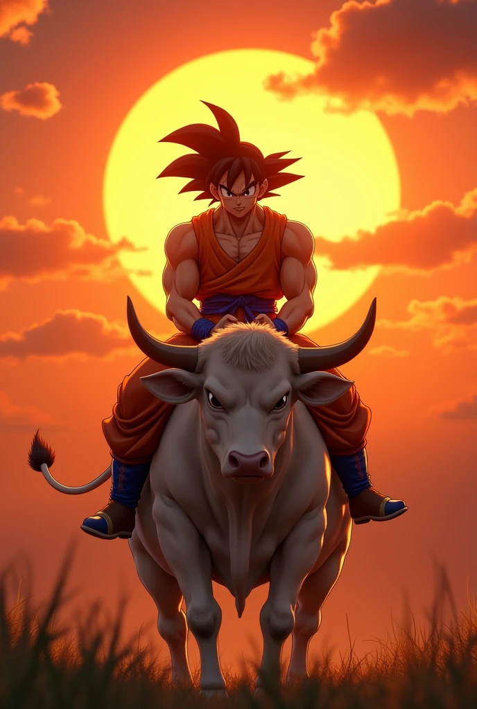 (photorealism:1.2), Goku, riding a cow, facing the camera, orange sun  on the horizon at sundown