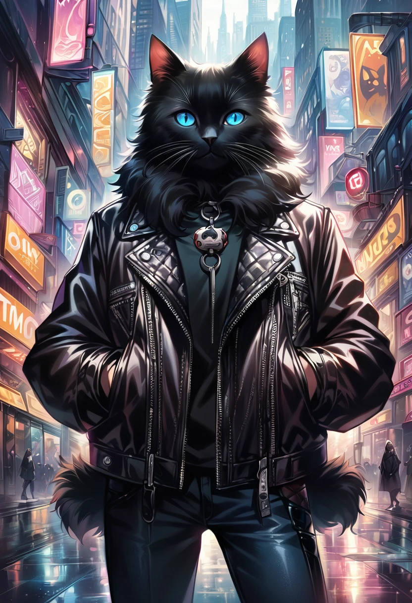 A black cat with blue eyes is wearing a leather jacket。, Digital art by Emma Andiewska, CG society hot topic, fur art, New Cat Movies, A black cat in the city made of yarn, Awesome CGI, Surreal, Anthropomorphic cat, Realistic CGI, anthropomorphic female cat, Surreal, hyperRealistic CGI