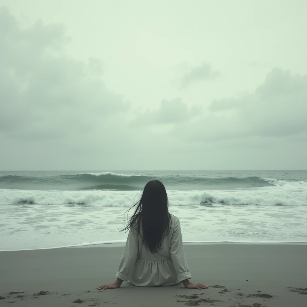 Distant woman in the distance sitting on the sand admiring the immensity of the ocean, surf , arena, costa, clouds, cloudy, winds, loneliness, melancholia, sadness, Photography, Realism, analogic camera effect, masterpiece, perfect composition, black and white