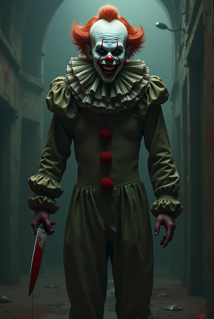 Scary clown holding a bloody knife