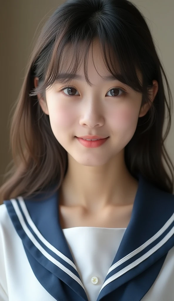 raw photo, real photo, 18yo, Beautiful clear eyes, unique, individual, distinctive face, real skin, Bare skin, slightly open mouth, high school uniform, cleavage, lovely, neat, calm, happy, innocent, peaceful, soothing, youthful, irreplaceable, Ultra-high resolution, 8k, Extremely high resolution, Super fine skin texture,