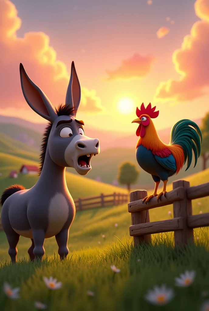 Draw a scene of an angry donkey arguing with a rooster with orange, green and blue plumage on a very pretty farm at dawn. The donkey should have an angry facial expression. The rooster should be very calm, standing on a wooden fence, with its colorful feathers standing out in the design. The farm should be picturesque and detailed, with green fields and a sunrise sky with soft shades of orange and pink, in Pixar style