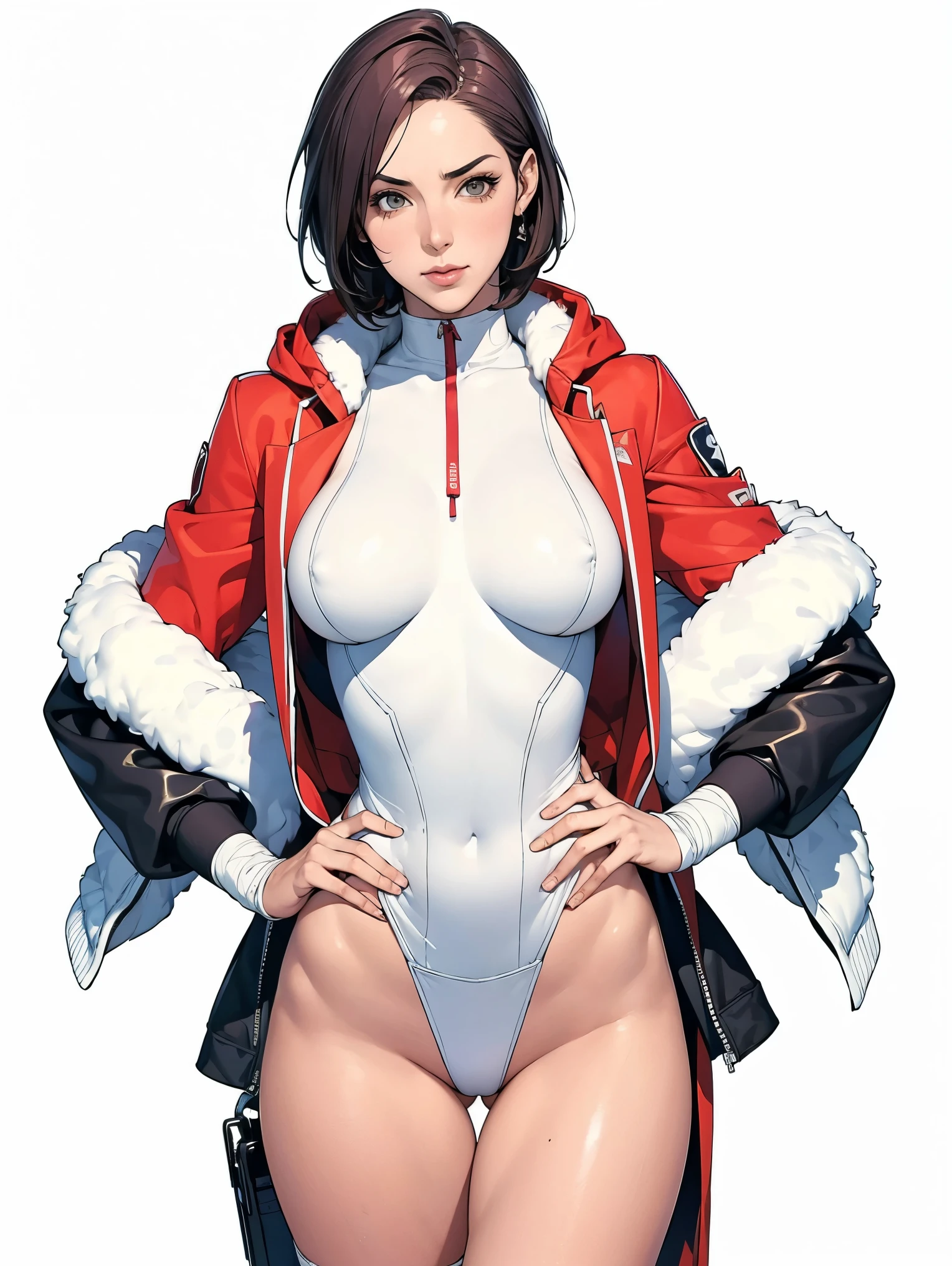 (((Annie Lennox))), (((colorful suit))), (scars), (((bandaged arms))), (((colorful clothes))) (( hood)), (((best quality: 1.4))), (Unbeatable masterpiece), (hyper HD),(CG 8k hyper-realistic), beautiful face, ((( big))), (((hyper feminine))), sexly g, ((round face)), black tattoo,(ultra short red hair with white highlights)), ((( sculptural body ))), (((1 Kizi))), Kizi tatuada de 25 anos com pect body, perfect hands, perfect fingers ,Beautiful and well-groomed face, (round face), muscular body:1.2,solid color detailed jacket, (Head to thigh photos), Complex equipment, ,Tight clothes,With white stars and off-white stripes,,,,,Armor Metal Electronic Parts, Poison tattoos ) INFO, Kizi, (((standing alone))), , 24歳, sexy, pose detitude, work of art, dancing, ((slight smile)), post-apocalypse, (((manga style))), bounty hunter, the way you want, perfect body, roupa moderna, advanced technology, white, yellow accent, black, red accent, fur collar jacket, sleeves with vertical striped pattern, background city, (( cowboy shot )). intricate visual, narrow waist, (((wide hips))), wide hips, fit thighs, (((thigh gap))), Thigh gap, background shows a futuristic airplane, open expression, expression happy
