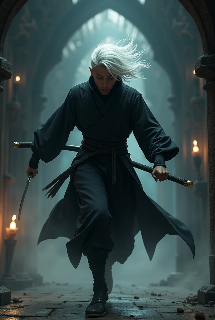 Generates an image of a very skilled, white-haired, gothic Japanese ninja 

