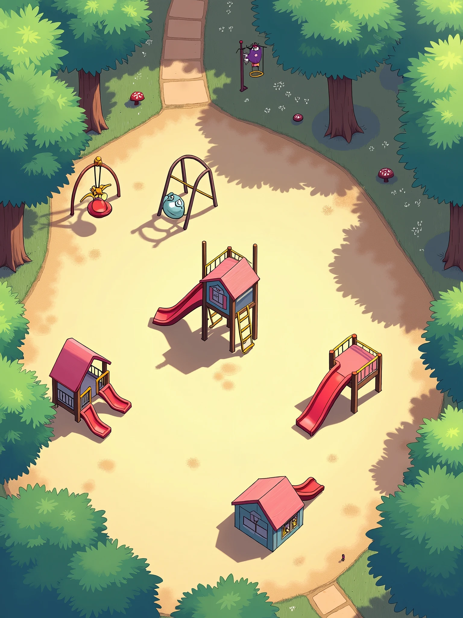 a small playground in an anime style overhead view without any children, and a swing, three slides, a climbing frame and a roundabout