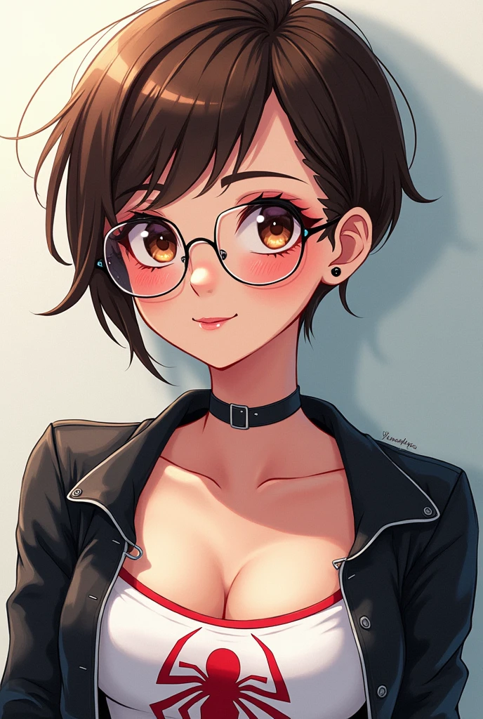 I want a girl, twenty years old, big brown eyes, black and brown eyeshadow makeup, small but fleshy mouth, Short layered pixie brown hair shaved on the sides and back, a white dress with a low neckline and the Spiderman logo with a leather jacket, pierced ears small black heart earrings, slim facial features but with defined cheekbones, small dinners, smiling, wearing round clear glasses, with anime animation