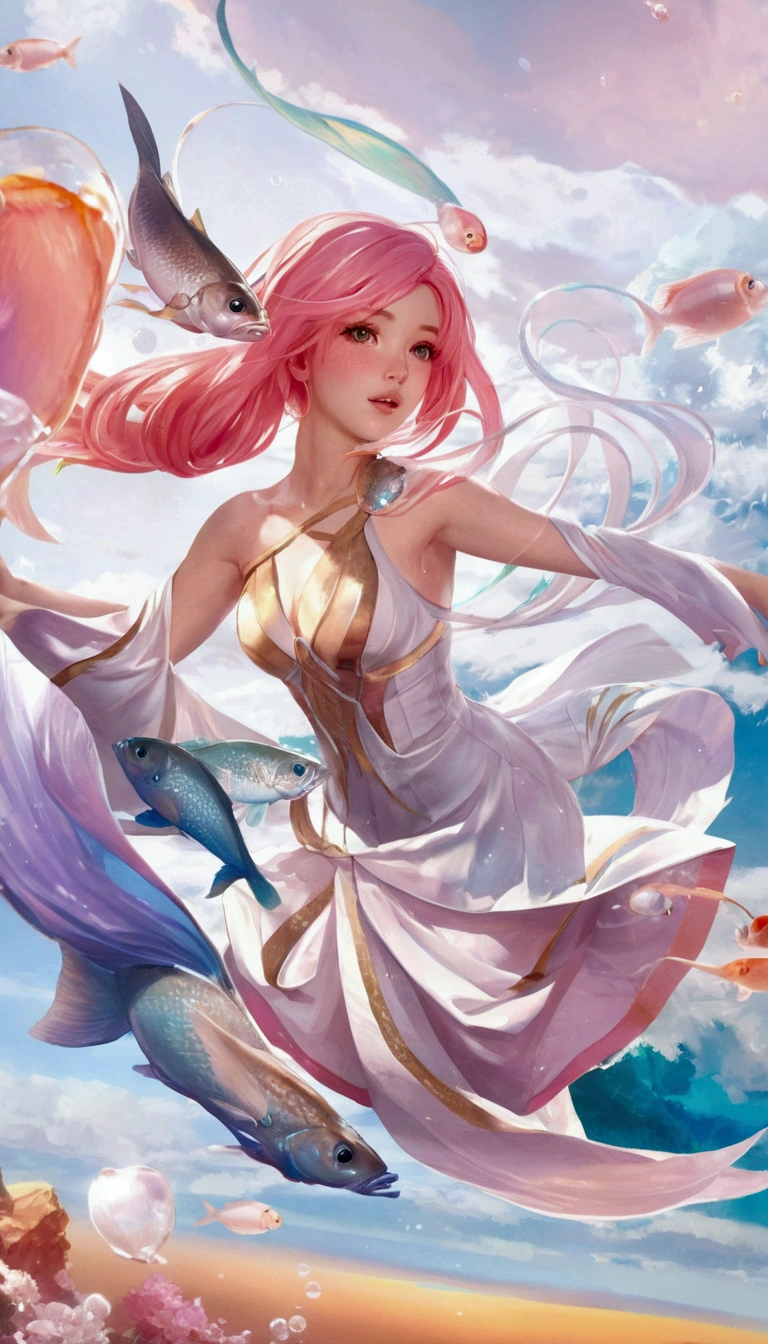 anime girl with pink hair flying through the air with a fish, artgerm on artstation pixiv, splash art anime , cushart krenz key art feminine, ! dream artgerm, artgerm. anime illustration, extremely detailed artgerm, anime fantasy illustration, artgerm detailed, jellyfish priestess, beautiful celestial mage