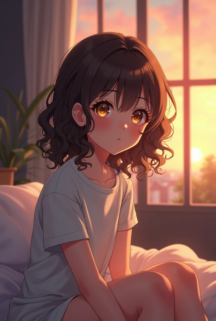 Schoolgirl with curly brown hair，Golden pupils，Just woke up from a nap，sit on a bed，Dusk outside the window，dressed in a white t-shirt