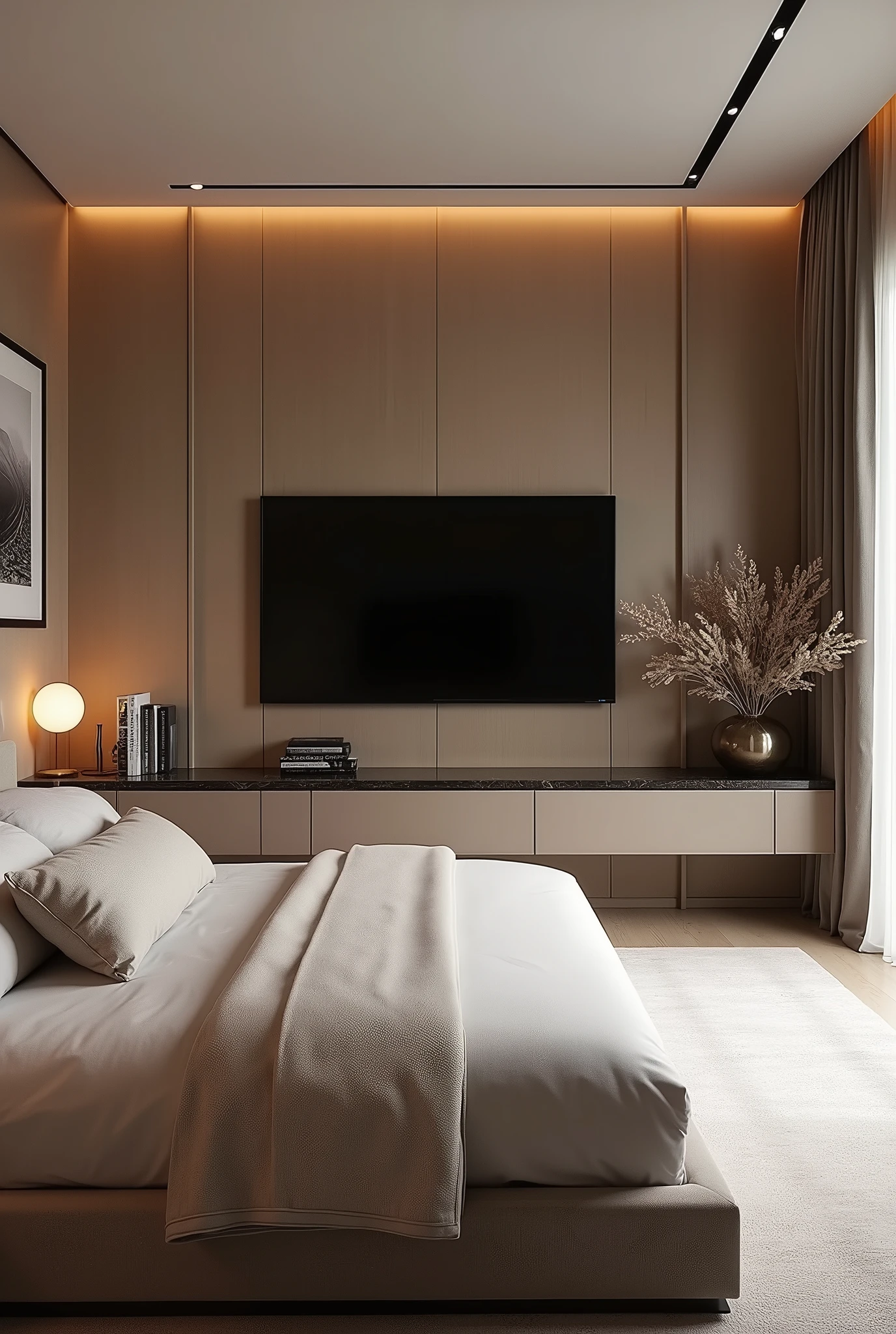 A modern and luxurious room with a warm and elegant design. The room has a large bed with bedding and pillows in neutral and beige tones.. The headboard is padded, and the wall behind it has wood paneling with subtle lighting, creating a cozy atmosphere. There is a stylish bedside table with a lamp and books. On the opposite wall, a flat screen TV is mounted above a floating console with a dark marble top. The room is decorated with minimalist art on the walls, modern furniture and floor-to-ceiling curtains that let in natural light. The color palette includes soft shades of brown, gray and earthy