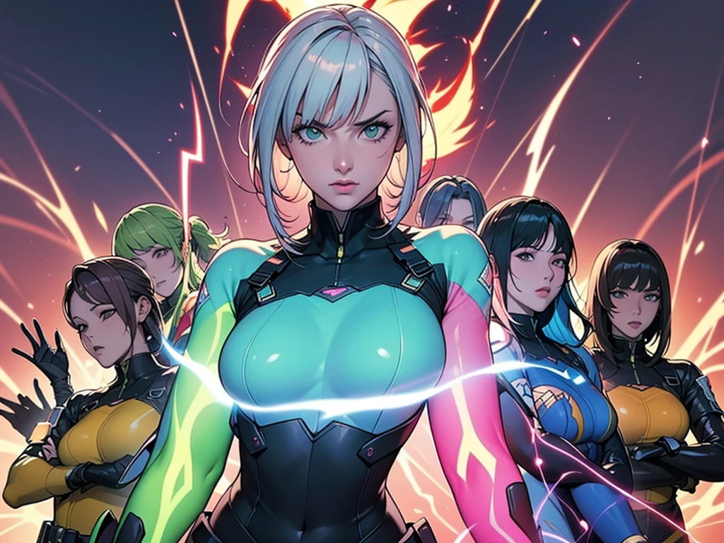 A brave and daring image of the six-woman Ranger team, Each is decorated with the following vibrant colors:: neon pink, Sky blue, Fire engine red, plasma violet, Fluorescent Green, shocking yellow. A dynamic pose with a background that oozes energy and courage.。, Embodying the essence of the classic Sentai superhero team. Each Ranger&#39;s outfit is sleek and modern, Each color has elements that reflect its theme., Ready for action. ((camel toe))