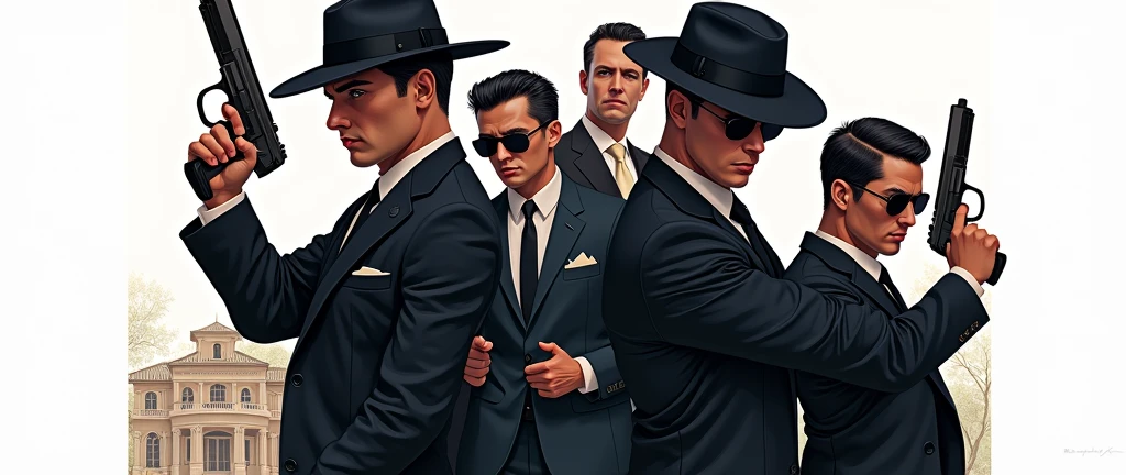 The background is a lavish bungalow with an opulent design, hinting at the Mafia Boss's hidden empire. Surrounding the bungalow are several men, all dressed in black suits, holding guns firmly in their hands, creating a sense of dominance and authority. The overall atmosphere is intense and dramatic, with a mix of luxury and power, setting the tone for a thrilling narrative.