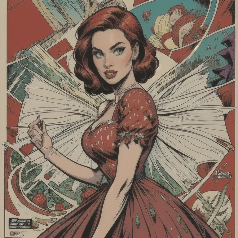 A beautiful comic book woman wearing a strawberry (fairy dress), graphic illustration, comic art, graphic novel art, vibrant, highly detailed