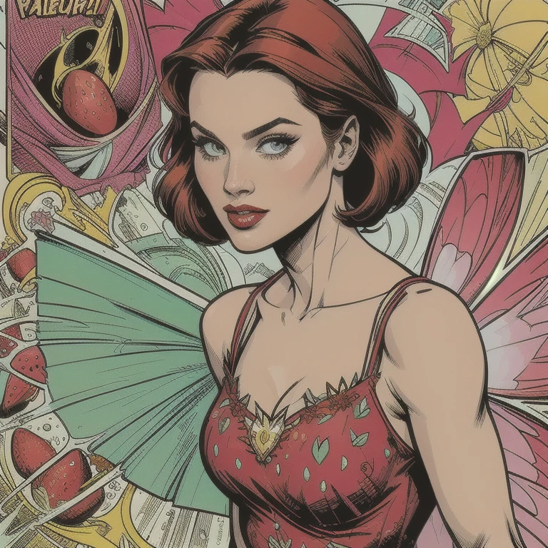 A beautiful comic book woman wearing a strawberry (fairy dress), graphic illustration, comic art, graphic novel art, vibrant, highly detailed
