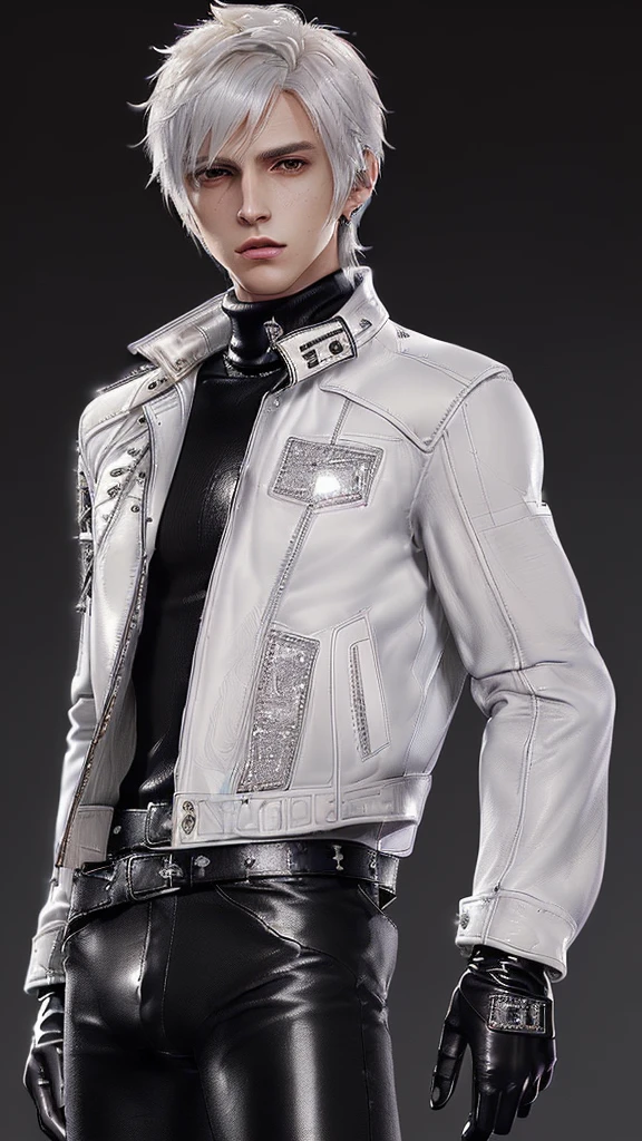 ((Final fantasy taste and reality graphics)), ((Japanese young cute and cool ikemen  boy)), his age is early 20s, thin eyebrows and beady eyes,  ((((he wearing white color leather very thick single-brest jacket)))),((((leather jacket is smooth luster and shiny)))), ((jacket with epaulet)), ((leather jacket close all zippers)),, ,(( jacket collar is very high length stand-up collar with belts)), , (((also wearing black color turtleneck polyester shirts))),  (((tight black and leather pants))), ((((black leather tight and thin glove)))), ((black color leather knee-high raceup boots)),head-to-toe, whole body, boy looks like fashion model,Do not show skin from the neck down,(((all his clothes are smooth design and very shining))),(((Avoid adding unnecessary decorations to your clothes))),(((all clothes is simple design and appearance))),(((don't wear jewelry on all clothes)))