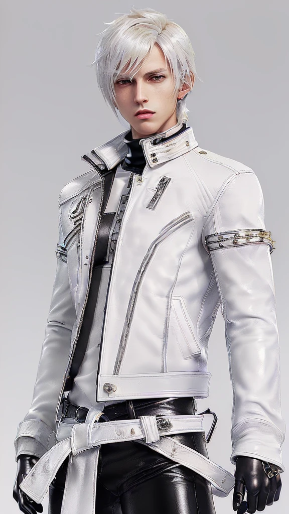 ((Final fantasy taste and reality graphics)), ((Japanese young cute and cool ikemen boy)), his age is early 20s, thin eyebrows and beady eyes, ((((he wearing white color leather very thick single-brest jacket)))),((((leather jacket is smooth luster and shiny)))), ((jacket with epaulet)), ((leather jacket close all zippers)),, ,(( jacket collar is very high length stand-up collar with belts)), , (((also wearing black color turtleneck polyester shirts))), (((tight black and leather pants))), ((((black leather tight and thin glove)))), ((black color leather knee-high raceup boots)),head-to-toe, whole body, boy looks like fashion model,Do not show skin from the neck down,(((all his clothes are smooth design and very shining))),(((Avoid adding unnecessary decorations to your clothes))),(((all clothes is simple design and appearance))),(((don't wear jewelry on all clothes)))