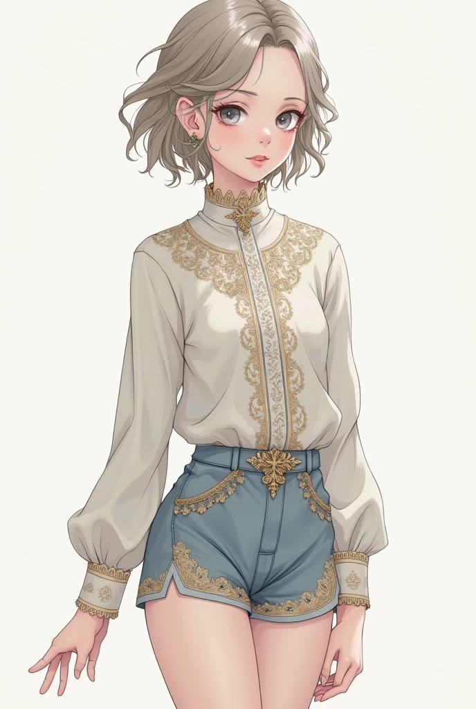 (masterpiece, Best Quality, High resolution: 1.4), detailed, intricate details, 4k, touch of color, Line art, French Victorian style Detail. joven androgino wavy hair rubio, delgado, wavy hair, grayish blue eyes, smooth skin, White skin, delgado, smiling, gentle. delicate. Clothing detail Dress with long-neck blouse and shorts
