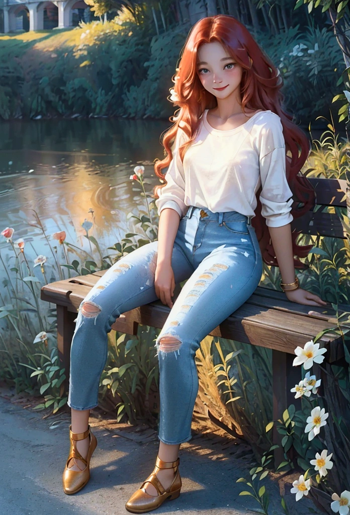 Realistic digital art, Light emission, (Shining Girl, Red_Long curly hair, flowers, Loose jeans, white shirt, Discreet smile, cute expression), (Expressing very detailed details_sitting on bench, River glowing in the background, golden hour), Beautiful light art concept, Writer: Daniil Suponitskiy jpegman.