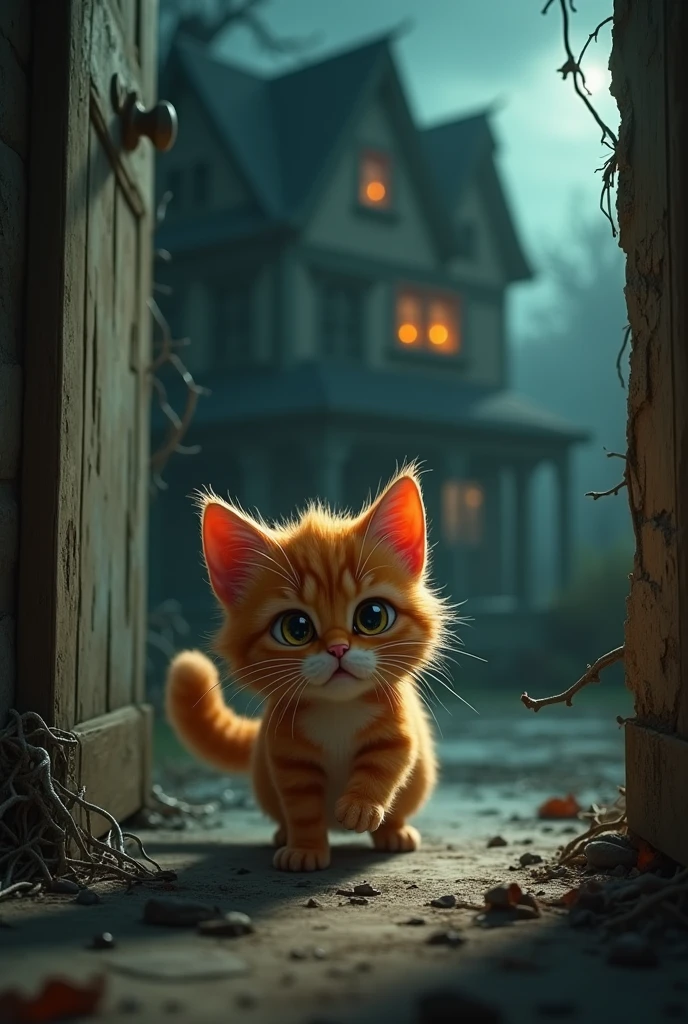 A scared orange cat in a haunted house