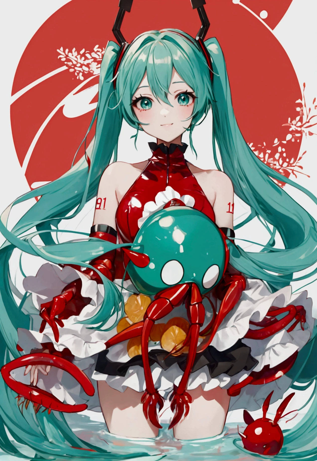 Hatsune miku lobster fishing in a lobster outfit 