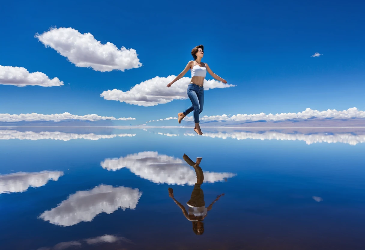 a large lake with many white clouds floating in the deep blue sky, 1 Japanese woman jumping on the water, (The woman's figure is clearly reflected in the water), At Salar de Uyuni, Amazing reflections of the sky, (Reflected clearly as a mirror), perfect reflection, (deep blue sky:1.2), (many white cloud), Blue Horizon, (looking at viewer:2), jeans, boyish, saddle brown short hair, (t-shuts:1.2), barefoot, chubby:1.3, detailed face and body, Incredible reflections, beautiful reflection, epic and stunning, (Faraway view:2), (realistic:1.2), photorealistic, from below, masterpiece, high details, high quality, best quality, 8k