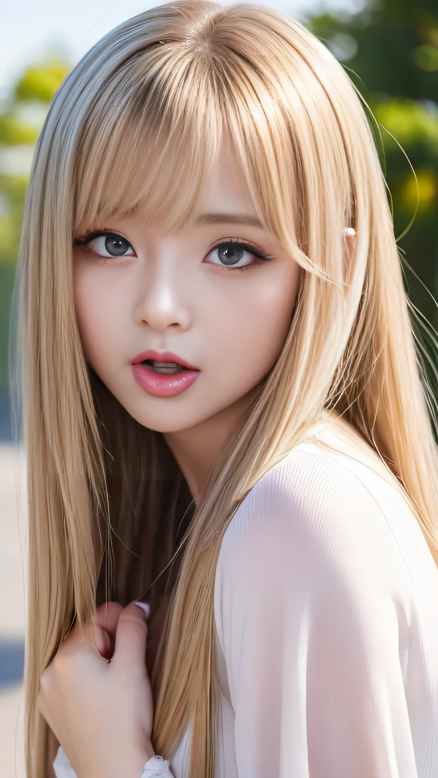 Crouched down and staring at you.、Heavy makeup、Eyeshadow purple、Gal clothes、Flashy accessories、Bright expression、Younger, brighter, whiter skin、Gloss Face、Cheek gloss、Best Looks、Blonde reflection、Platinum blonde hair with dazzling golden highlights、shiny bright blonde hair,、Super long, silky straight hair、Shiny beautiful bangs、Very long eyelashes、Big eyes、Perfect beauty、Ample breasts、Sexy big boobs, beautiful sexy cute looking pretty face、A strong wind blows my hair in front of my face、Cute and sexy eyes hidden behind long bangs、Eyes welling up with tears、Gal clothes、Sparkling eyes,(Open your mouth:1.1),(Sticking out tongue:1.4)、Gal Makeup