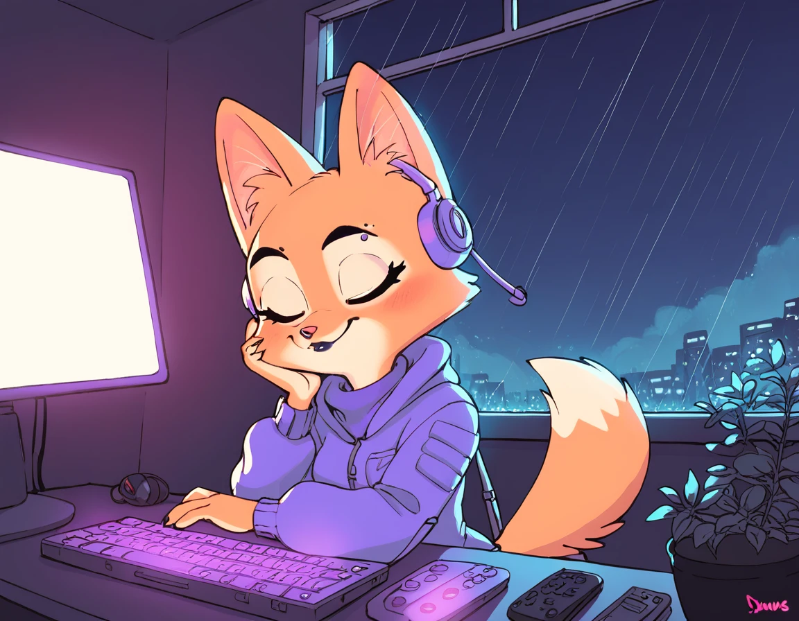 purple leds, purple leds, retro style, 80s, pink neons, Lo-Fi Aesthetics, pink lights, Diane foxington, ginger fur, emerald eyes, black lipstick, black eyebrows, silver piercings on eyebrow, fox tail, sitting in a chair, in front of a computer, headset with leds, closed eyes, relaxing, dark bedroom, night, window, rain, by diives