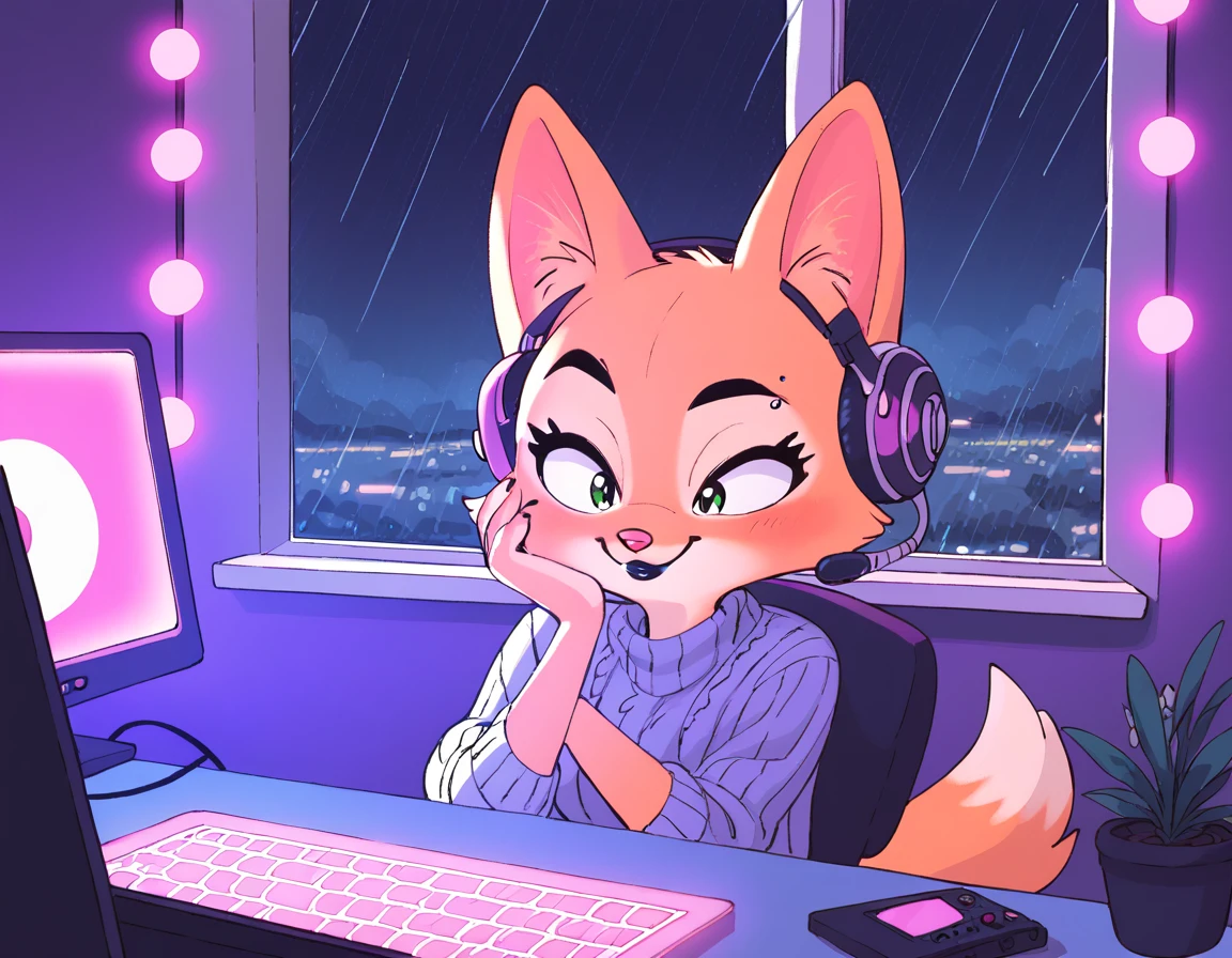 purple leds, purple leds, retro style, 80s, pink neons, Lo-Fi Aesthetics, pink lights, Diane foxington, ginger fur, emerald eyes, black lipstick, black eyebrows, silver piercings on eyebrow, fox tail, sitting in a chair, in front of a computer, headset with leds, closed eyes, relaxing, dark bedroom, night, window, rain, by diives