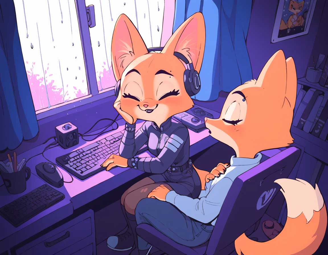 purple leds, purple leds, retro style, 80s, pink neons, Lo-Fi Aesthetics, pink lights, Diane foxington, ginger fur, emerald eyes, black lipstick, black eyebrows, silver piercings on eyebrow, fox tail, sitting in a chair, in front of a computer, headset with leds, closed eyes, relaxing, dark bedroom, night, window, rain, by diives