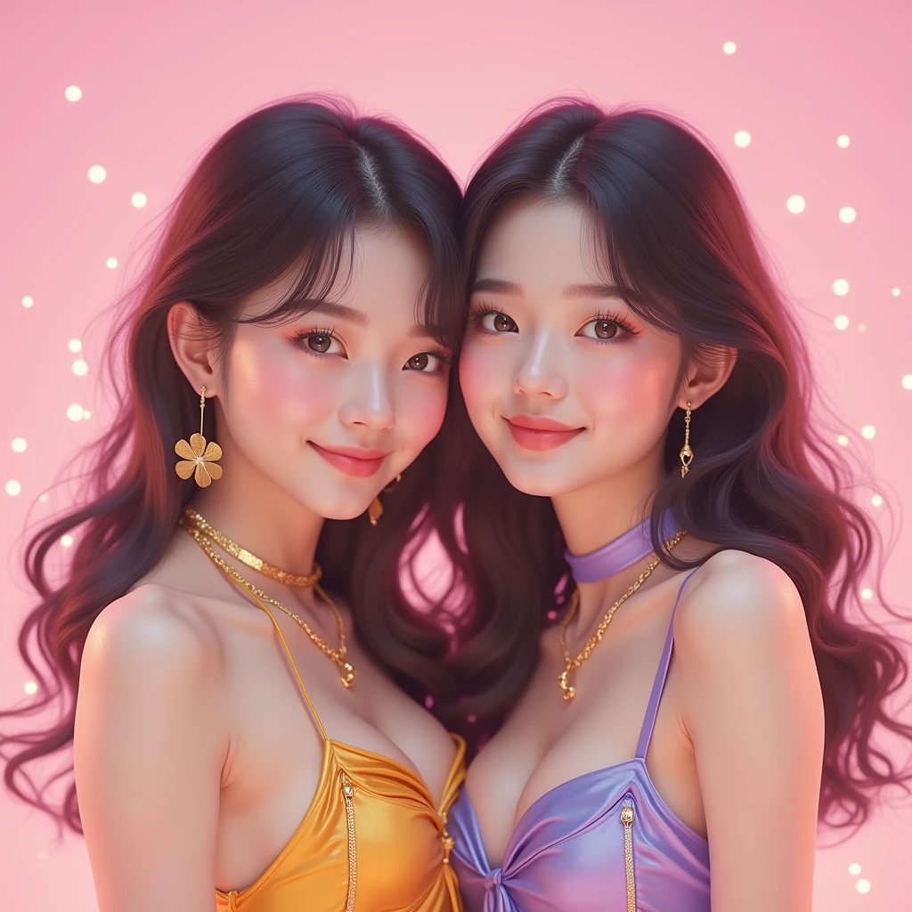 Pink K-pop cover with two cute girls realistic 