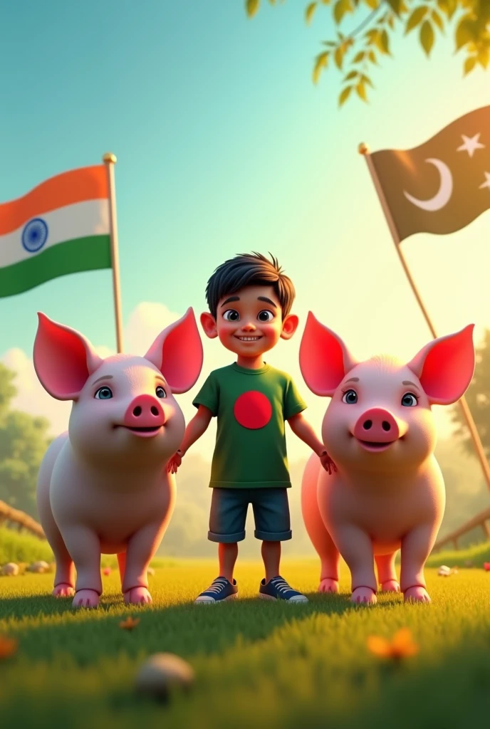 Bangladeshi  young boy Wearing bangladeshi flag.  With 2 pigs, one pig is wearing india flag and other pig is wearing pakistani flag. Both flag must visible clearly and the background is sunny weather