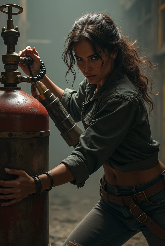 Brunette woman with pressure pliers fighting with a gas cylinder but the cylinder is winning 
